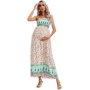 Maternity Sleeveless Smocked Dress Summer Casual Strapless Floral Tube Top Maxi Dress Photoshoot Baby Shower - 1 of 4