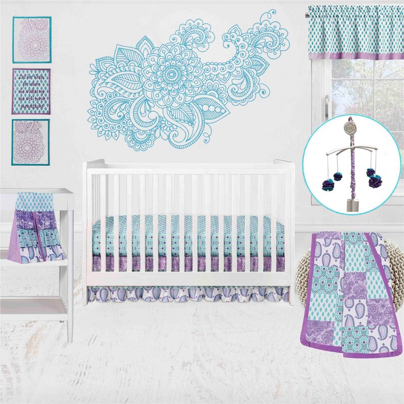 Bacati - Paisley Isabella Purple Lilac Aqua 10 pc Crib Bedding Set with 2 Crib Fitted Sheets, 1 of 12