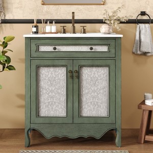 Vynxaria 30" Antique Green Bathroom Vanity with Ceramic Sink, Tip-Out Tray, Rubber Wood Legs, Soft-Close Doors, 1-Box Shipping - 1 of 4