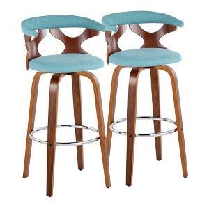Gardenia 30" Mid-Century Modern Fixed-Height Swivel Barstool with Teal Fabric and Walnut Wood Base, Set of 2 - 1 of 4