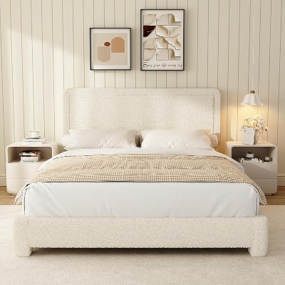 Dyonery Boucle Bed Frame with Adjustable Headboard, Soft Cloud Bed Frame with Teddy Fabric & Anti-Collision Rounded Corners, Easy Assembly