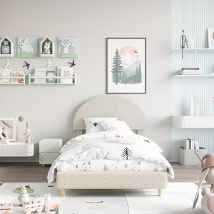 Twin Bed Frame with Round Boucle Headboard,Upholstered Arch-Shaped Design - 1 of 4