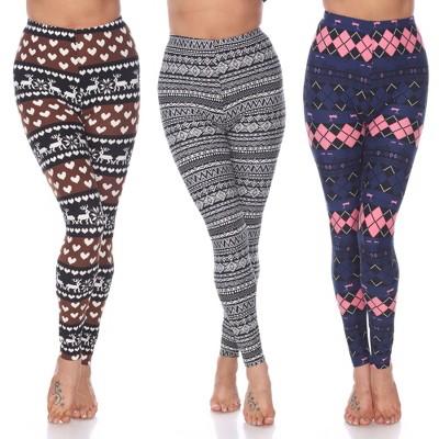 Women's Pack Of 3 Leggings Brown/white, Black/white, Navy /pink Argyle ...