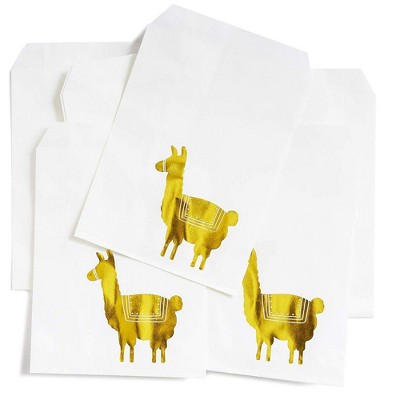 Juvale 100-Pack Llama Gold Foil Paper Gift Bags Party Favor Treat Bags for Cookies, Candy Buffet, 5"x 7.5"
