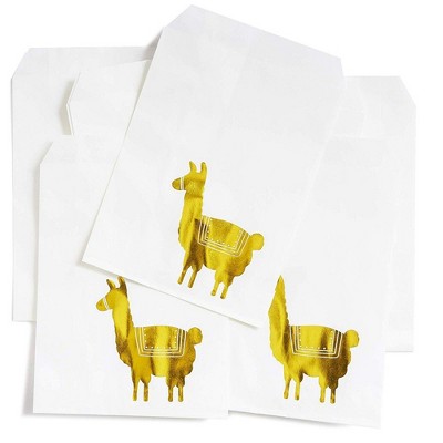 Juvale 100-Pack Llama Gold Foil Paper Gift Bags Party Favor Treat Bags for Cookies, Candy Buffet, 5"x 7.5"