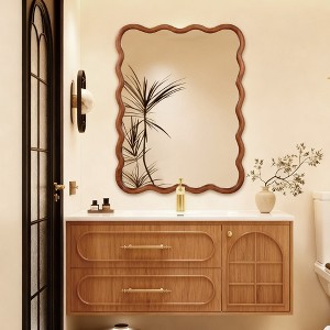 Spassway 30"W*40"H Brown Asymmetrical Rectangle Wall Mirror Modern Irregular Wood Frame Wall Mounted Vanity Mirror Decorative for Bedroom Bathroom - 1 of 4