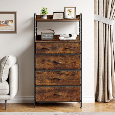 5 Drawer Dresser, Tall Dresser for Bedroom, Storage Organizer with Fabric Bins, Wood Top, Sturdy Steel Frame, Easy Pull Handle, Hallway