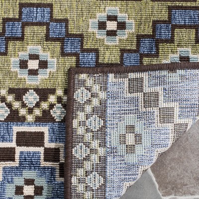 Blue and Cream Synthetic Stain-Resistant Indoor/Outdoor Rug