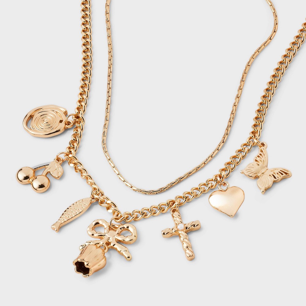 Mixed Tulip and Box Charm Multi-Strand Necklace - Universal Thread™ Gold: Lobster Claw Clasp, 18" Length