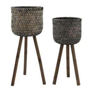 SEVOBAL Planters Set of 2 Bamboo Planters on Stands with Drainage Holes for Indoor and Outdoor Use, Black, 12"*12"*23" - 1 of 4