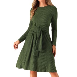 INSPIRE CHIC Women's Long Sleeve Rib Knit Crew Neck Midi Tie Waist Elegant Sweater Dress - 1 of 4