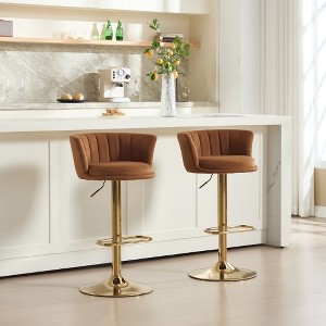 ORRD Set of 2 Adjustable Velvet Bar Stools with Gold Legs, Orange - 1 of 4