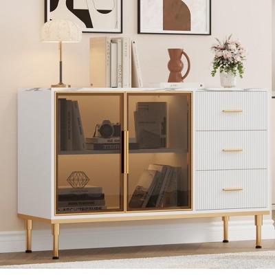 Fluted Sideboards Buffets Cabinet with Glass Doors, 3 Drawers, Marble Top Kitchen Sideboard Cabinet for Dining Room, Living Room