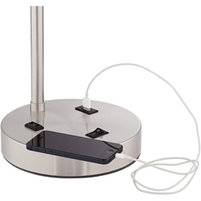 Brushed Nickel Desk Lamp with White Linen Shade and USB Port