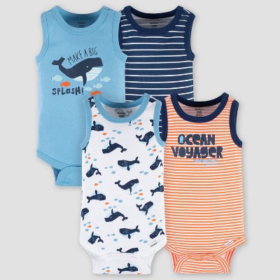 Image of Gerber Baby 4pk Whale Onesies - white/Blue/Orange Newborn