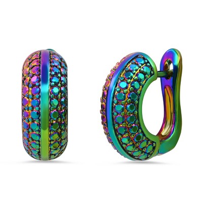 Steeltime Ladies 18k white gold plated brass simulated diamonds hoop earrings. Color Options: Silver, Gold, Multi