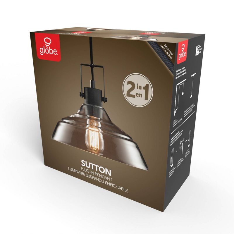 Sutton 1-Light Matte Black Plug-In or Hardwire Pendant Light with Clear Glass Shade - Globe Electric, 4 of 9