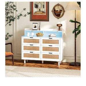 6 Drawer Dresser, Rattan Wood Chest Of Drawers With Led Light Strip, 2 Ac And USB Charging Station, Storage Cabinet Sideboard Console Table For Bedro - 1 of 4