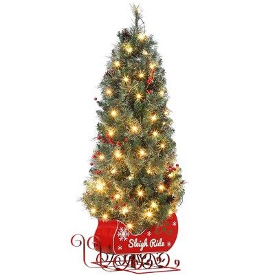 GustoWave 4.5FT Christmas Tree, Pre-Lit Artificial Mini Christmas Tree with 8 Mode Includes Red Berries & Sleigh Base