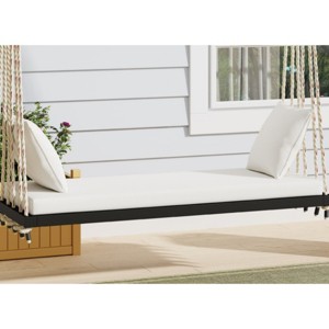 Twin Size Acacia Wood Porch Swing Chair with Cushion & Pillows, 400lbs Capacity, 63" Wide, 6 Ropes - Coolbibila - 1 of 4