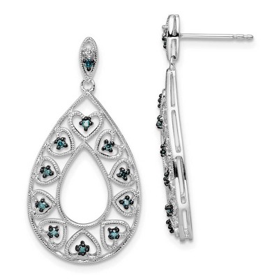 Black Bow Jewelry Blue & White Diamond Teardrop Heart Dangle Earrings in Sterling Silver