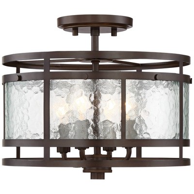 Bronze and Glass Drum Semi Flush Mount Ceiling Light