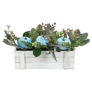 Northlight Fall Harvest Foliage and Pumpkins In Wooden Planter - 18" - Blue - 1 of 4