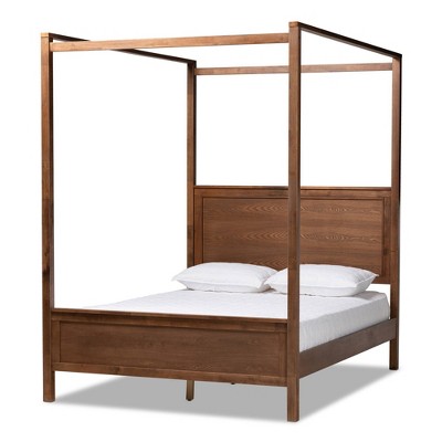 Elegant Walnut Brown King Size Wood Canopy Platform Bed
