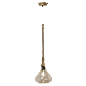 River of Goods 8.5" Lisa Gold and Amber Glass-Metal-Mango Wood and Jute Hanging Pendant Light: UL Listed, 74.5" Max Height - 1 of 4