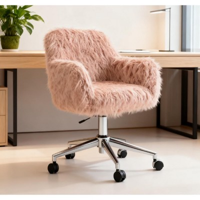 33.5" Faux Fur Swivel Office Chair with Adjustable Height and Armrests, Upholstered Task Chair for Home Office or Vanity -3irtyhousy