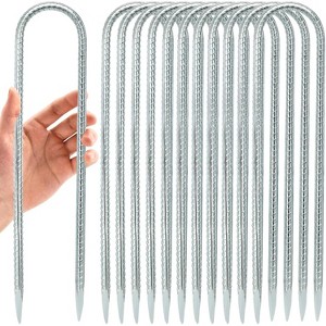 Zevemomo 12-Pack 12" U-Shaped Trampoline Stakes, Heavy Duty Steel Ground Anchors for Outdoor Trampolines Canopies Camping Tents Football Goals, Silver - 1 of 4