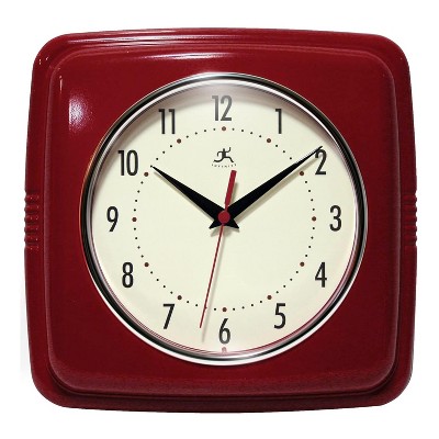 Infinity Instruments 13228RD-4103 Lightweight 9.5 Inch Indoor Home or Office Polyresin Retro Square Wall Mounted Clock with Quartz Mechanism, Red