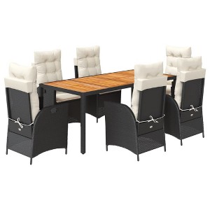 vidaXL - 7 Piece Patio Dining Set - PE Rattan, Black - Acacia Wood Table, Reclining Chairs, Cushions - 1 of 4