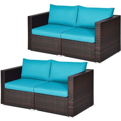 Tangkula 4PCS Rattan Corner Sofa Set Patio Outdoor Furniture Set w/ Blue Cushions