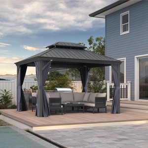 PURPLE LEAF Permanent Hardtop Gazebo Aluminum Gazebo with Galvanized Steel Double Roof for Patio Lawn and Garden with Curtains and Netting - 1 of 4