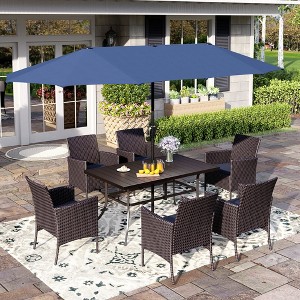 Captiva Designs 8pc Patio Slat-top Black Dining Table & Crescent Arm Rattan Chairs & Market Umbrella - 1 of 4