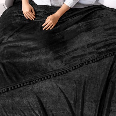 Black Fleece Pom Pom Fringe Throw Blanket