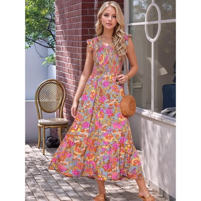 Женские платья INSPIRE CHIC Women's Summer V Neck Ruffle Flutter Sleeve Smocked Tiered Beach Flowy Boho Maxi Dress Grey Green Small — фото 3