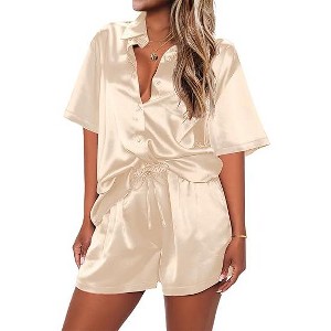 Ekouaer Pajamas for Women Silk Satin Pjs Soft Sleepwear Short Sleeve Button Down Pjs Top and Shorts 2 Piece Lounge Set - 1 of 4
