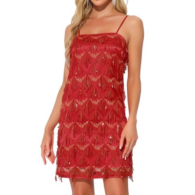 INSPIRE CHIC Women's Cocktail Tassel Fringe Spaghetti Straps Sequin Mini Dress