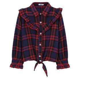Girls Long Sleeve Ruffle Plaid Shirts Front Button Down Shirts for Girls Waist Knot Plaid Shirts - 1 of 4