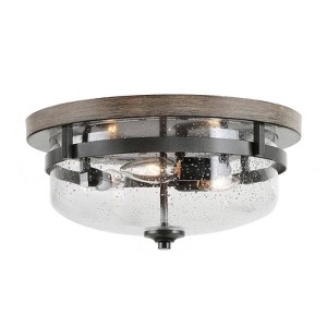 LNC Holmes 3-Lights 13.5-in Seeded Glass Drum Falush Mount Lights,Black/Gold - 1 of 4