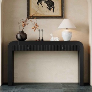 Rustic Console Table with Fluted Drawer, Console Table with Curved Corners and Thick Legs, Table with MDF Core and Wood Veneer-Coolbibila - 1 of 4