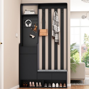 LIVAREEmlen Contemporary Garment Racks, Hall Tree Storage with Cushioned Storage Bench and Pegboard, Modern Coat Rack with 4 Hooks - 1 of 4