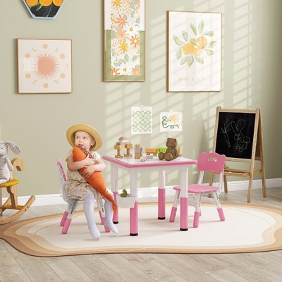 VYNXARIA 3 PC Kids Table and Chairs, Height Adjustable Toddler Table and Chair Set with Storage for Daycare,Classroom,Ages 18 Months-5 Years, Pink