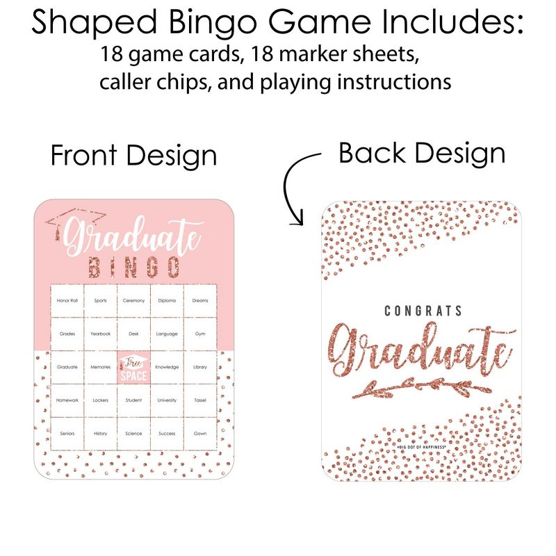 Big Dot of Happiness Rose Gold Grad - Bingo Cards and Markers - Graduation Party Shaped Bingo Game - Set of 18, 3 of 6