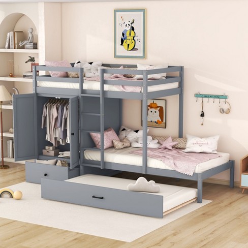 Twin Over Twin Bunk Bed With Wardrobe, Drawers And Trundle Bed 4a, Gray ...