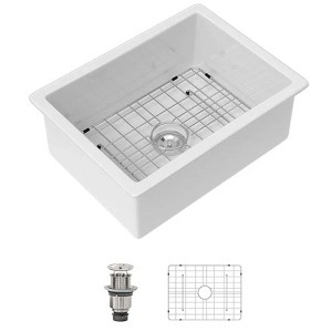 Dcolora White Unermount Kitchen Sink Single Bowl Dual Mount Fireclay Porcelain Sink With Bottom And Drainer - 1 of 1