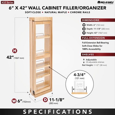 Rev-A-Shelf Kitchen Cabinet Pullout Wall Filler Wooden Organizer Slide Out Pantry Storage w/ Soft-Close in Multiple Sizes, 6 x 42 In, 432-WFBBSC42-6C — фото 2