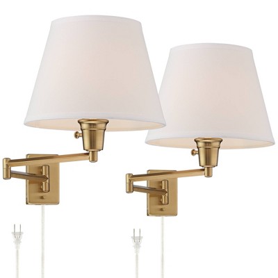 360 Lighting Modern Swing Arm Wall Lamps Set of 2 Antique Brass Plug-In Light Fixture White Linen Shade for Bedroom Bedside House